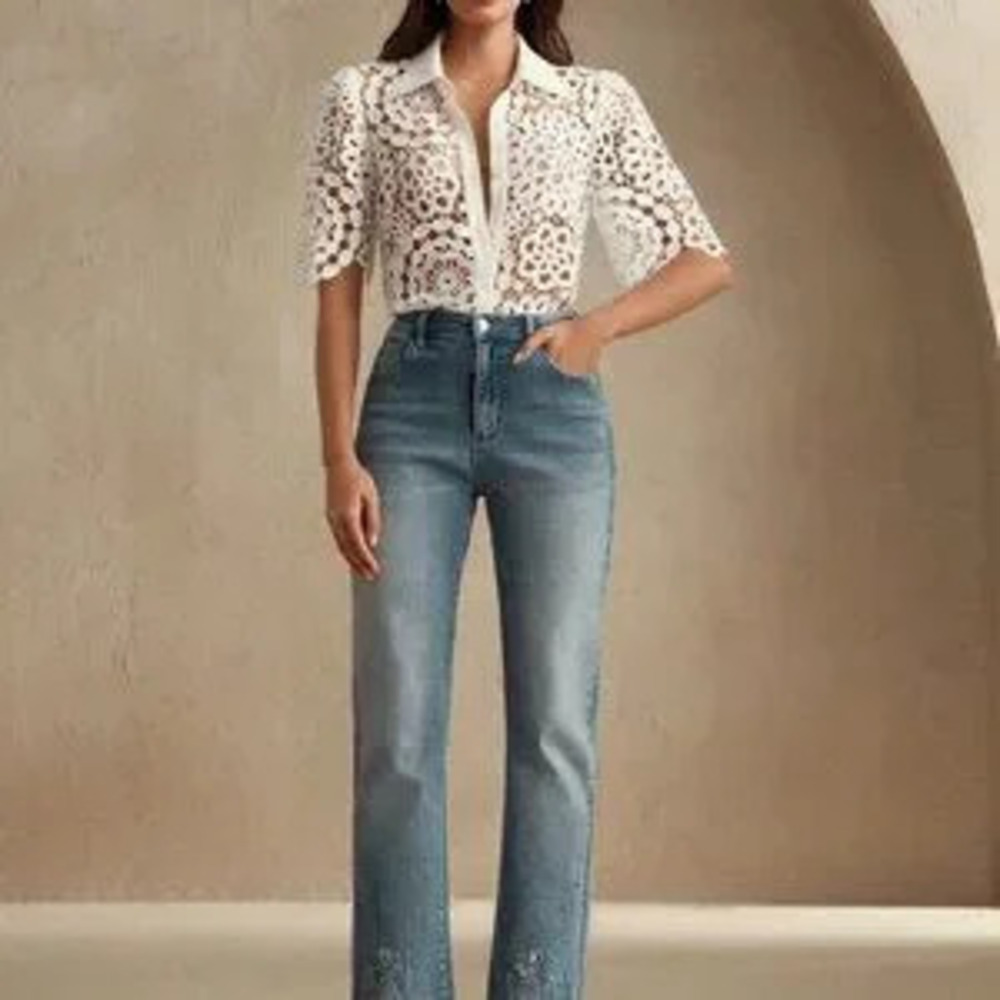 ZARA white chic womens Elegant Floral Hollow-Out Lace Blouse - Picture 3 of 7